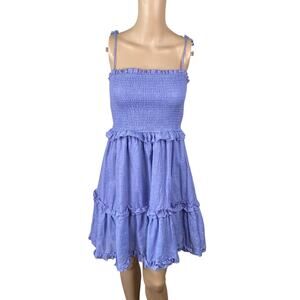 Periwinkle Blue Smocked Tiered Ruffle Babydoll Romantic Sundress SZ S